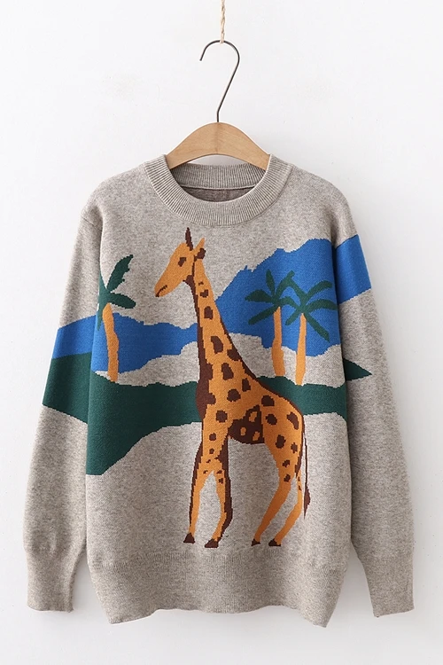 Свитер с круглым воротником и рисунком оленя Сезон Зима коллекция 2019 года милые