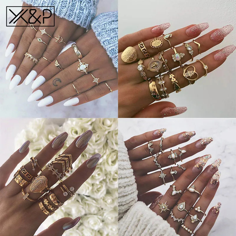 X & P панк женское богемное Винтажное кольцо с короной волнами цветами сердцем