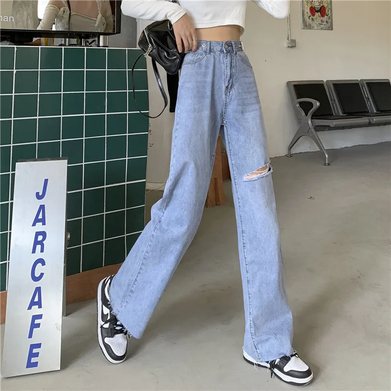 

2974 Korean version of 2021 new high-waisted slim fashion wide-leg ripped jeans