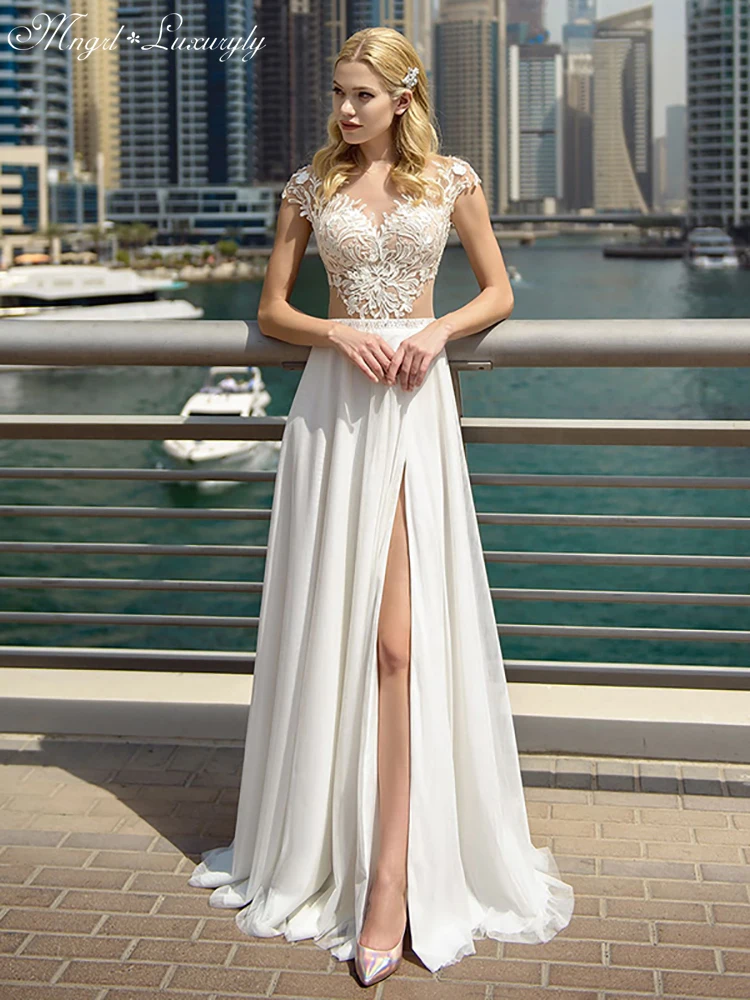 

Luxury A-Line Chiffon Wedding Dresses Sleeveless 3D Three-dimensional Applique Gowns O-neck Sexy High Split vestidos de novia