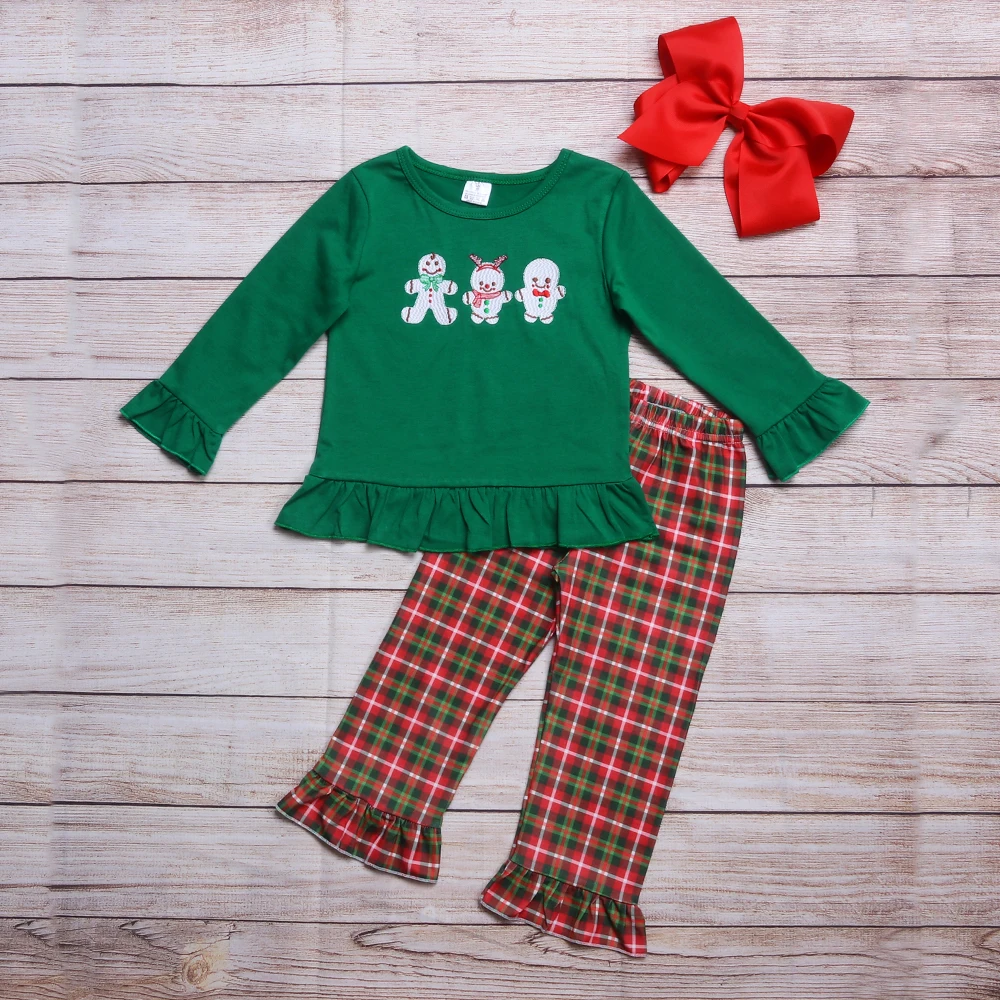 

Autumn Girls Clothes Green Long Sleeve Top And Red Plaid Trousers Christmas White Snowman Embroidery Pattern Girl Outfits