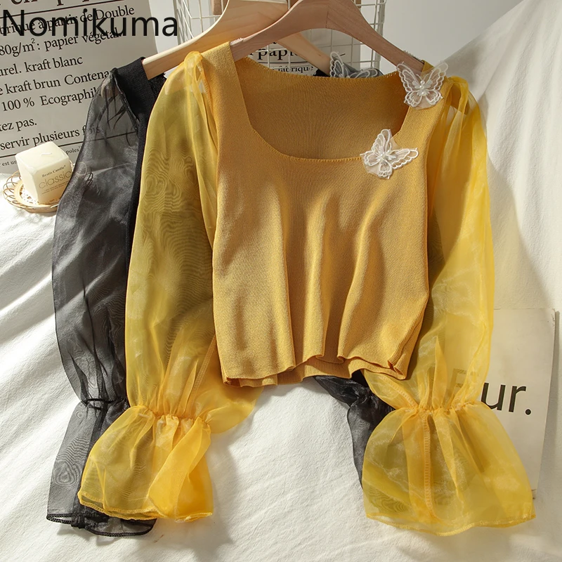 Nomikuma трикотажные сетчатые Лоскутные футболки лето 2020 корейская мода o образный