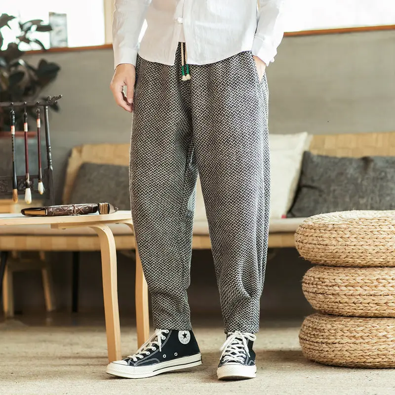 MrGoldenBowl Men's Solid Color Straight Harem Pants Chinese Style Man Loose Ankle-Length Trousers Streetwear Male Casual Pants