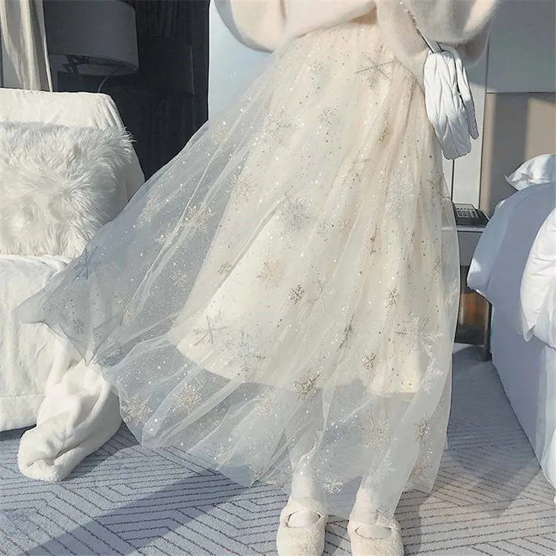 Юбка сетчатая Женская средней длины с вышивкой в виде снежинок Осень-зима 2021 -