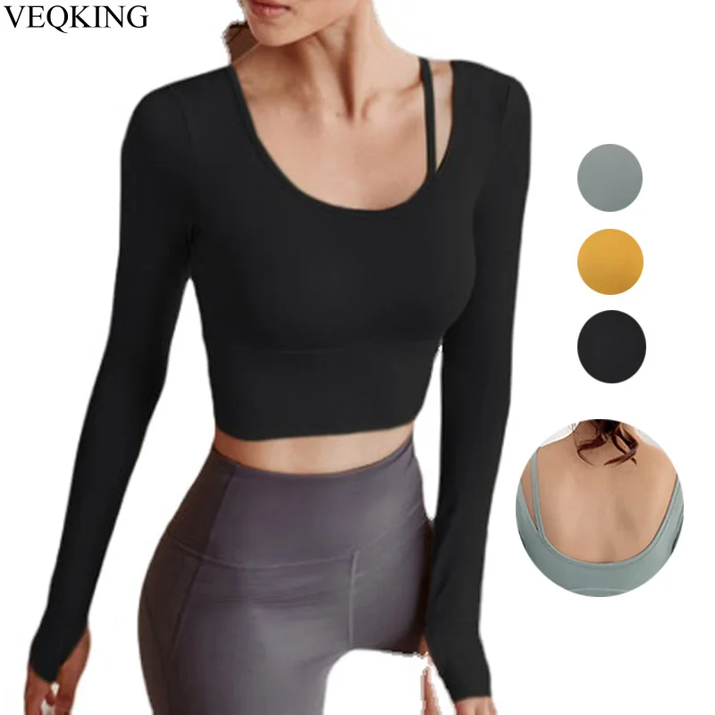 

VEQKING Long Sleeve Yoga Shirts,Navel Fitness Sexy Yoga Sport Tops,Big U-neck Running Pilates Fitness Gym Tops Sport Wear