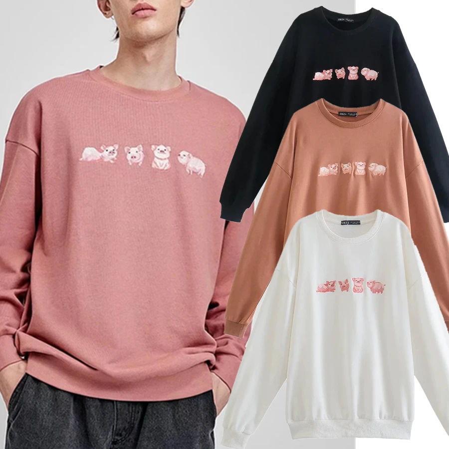 

Dave&Di Lovers' Clothes England Style High Street Vintage Cute Pig Embroidered O-neck Sweatshirt Women Casual Hoodies Women Top