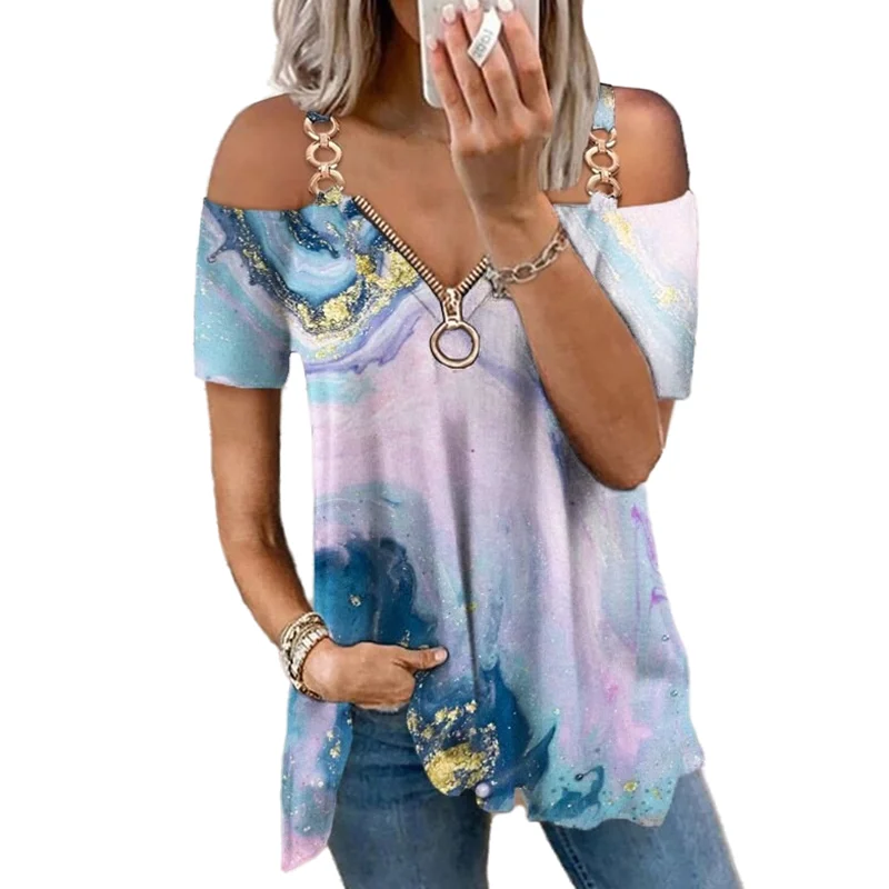 

2021 Summer T-Shirts Female Sexy Low-Cut Zipper Solid Strapless Short Sleeve Women's Pullover Tops Fashion Casual Streetwear