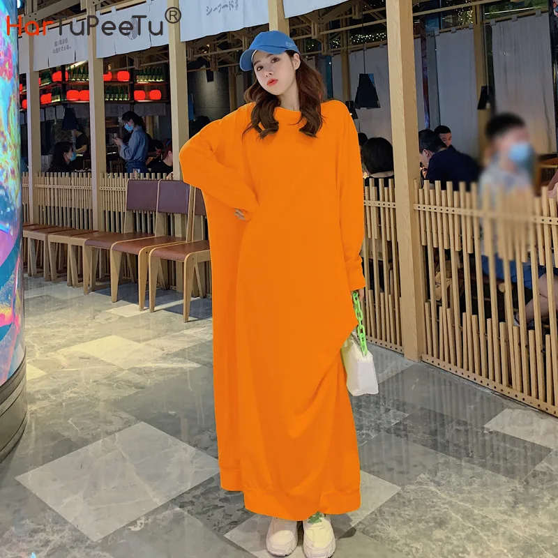 

2020 Autumn Maxi Dress Women Big Size Irregular Batwing Long Sleeve Loose Casual Dresses Orange Yellow Wrinkle Design Koreant