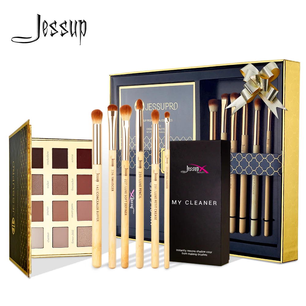 

Jessup 6pcs Bamboo Makeup brushes Cosmetic tools Makeup brush cleaner sponge &12 color Eyeshadow Palette & gift box packing E712