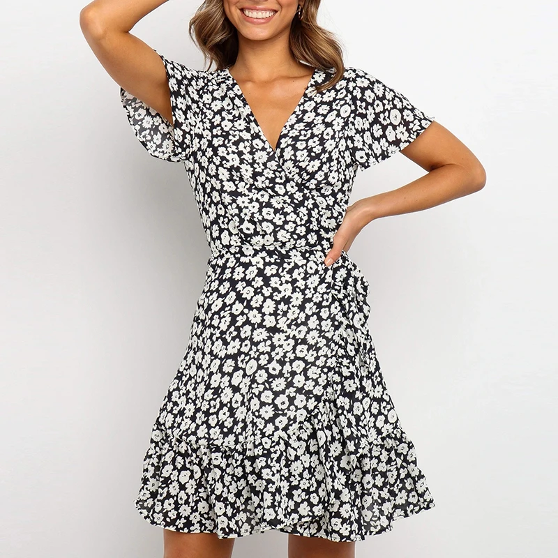 XHKLD Summer Fashion V Neck Floral Print A Line Dress Ruffles Flare Short Sleeve Beach Women Wrap Mini Dresses Robe Femme | Женская