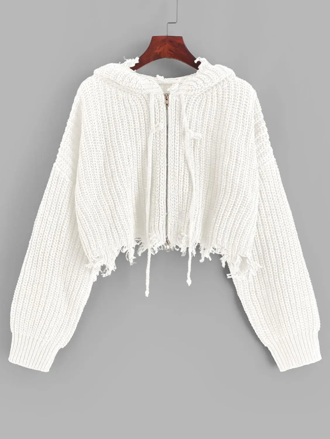 ZAFUL Hooded Zip Up Distressed Cropped Cardigan Elastic Ripped Solid Loose Short Drop Shoulder Sweater Autumn |
