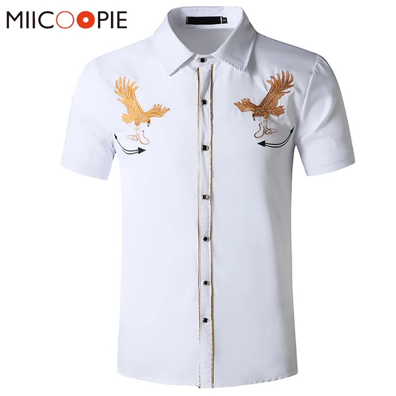 Рубашка мужская с коротким рукавом повседневная сорочка вышивкой золотого орла