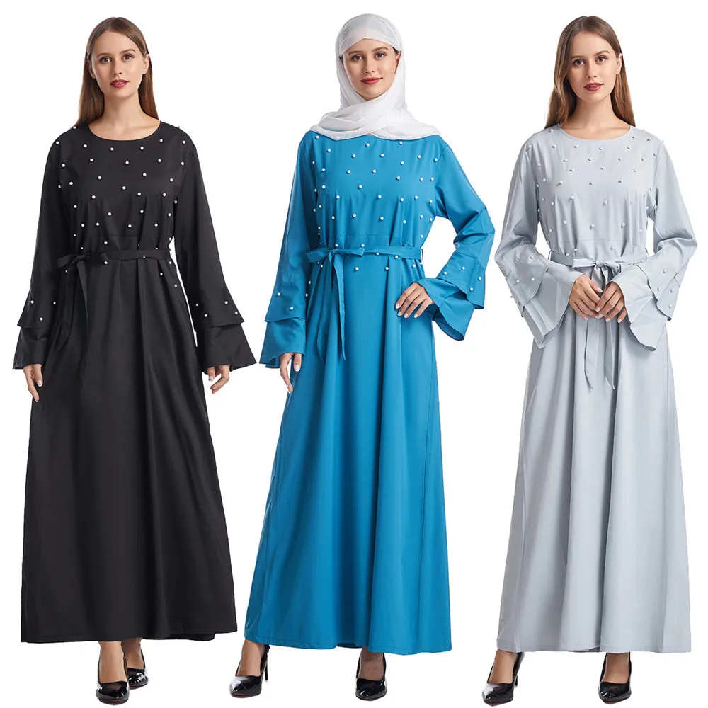 

Muslim Arabic Abaya Middle East Ethnic Women Maxi Robe Long Dress Beads Turkey Flare Sleeve Solid Color Gown Caftan Ramadan New