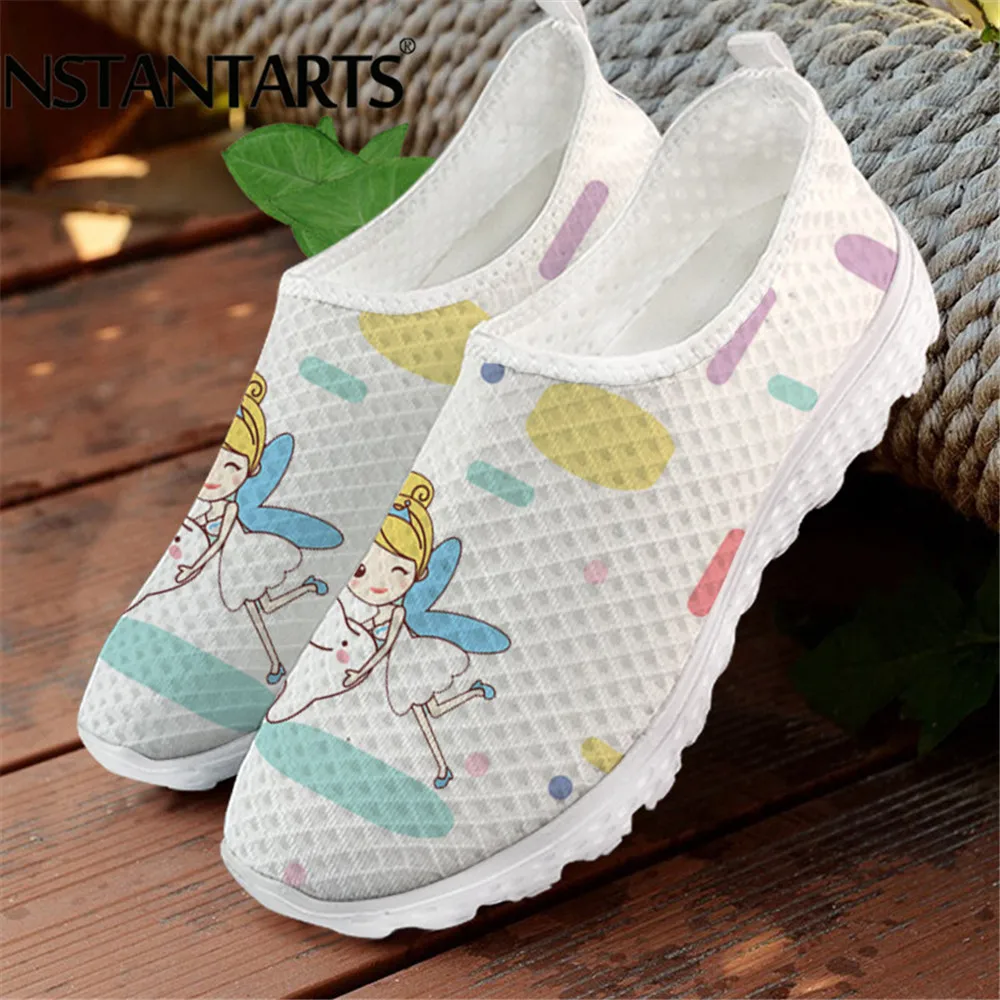 

INSTANTARTS Cute Tooth Angel Cartoon Pattern Lady Sneaker Breathable Mesh Sneaker Outdoor Slip on Air Beach Shoes Zapatos 2020