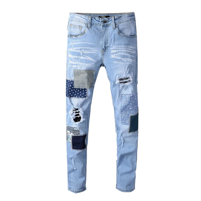 

New Men Ripped Pleated Jeans Pants Patchwork Stretch Denim Trousers Streetwear Washed For Male