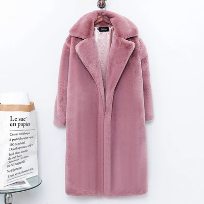 pink Зимнее женское высококачественное пальто из искусственного кроличьего меха, свободная верхняя одежда с отворотом, роскошное длинное меховое пальто, женские толстые теплые плюшевые пальто - Цвет: pink