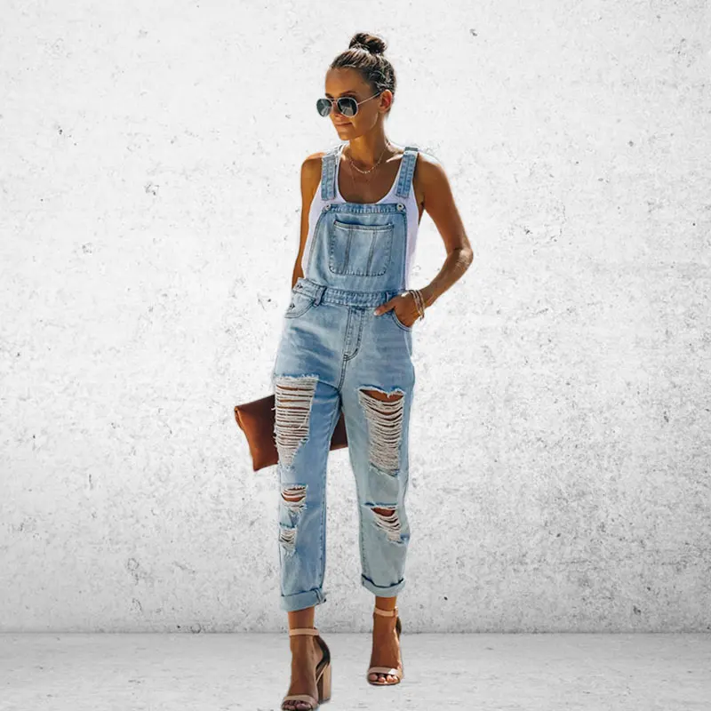 Fashion Slouchy Women Blue Overall Jeans Ripped Work Clothes Denim Jumpsuit Loose Pocket Slim Suspenders Trousers Female Jean