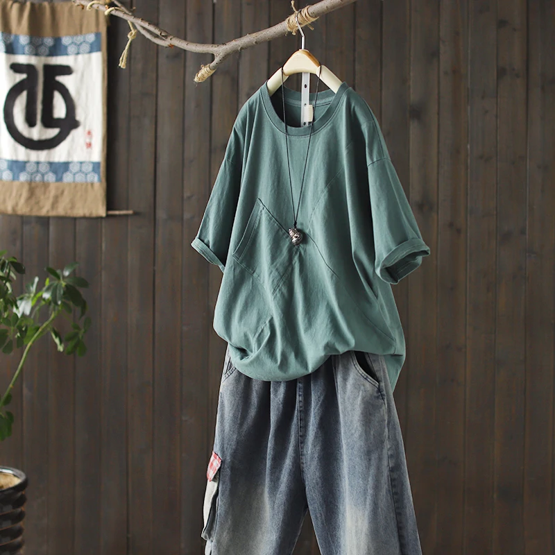 

2021 summer new loose Korean version of pure cotton short-sleeved T-shirt women's solid color wild stitching top trend
