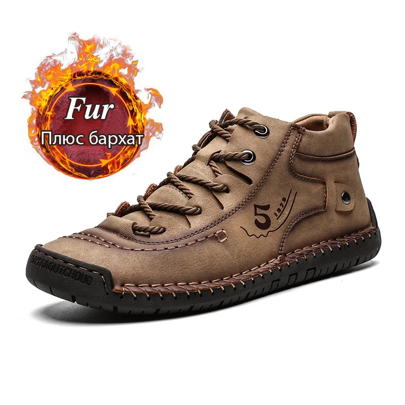 fur khaki Модные мужские кожаные ботинки; мужские теплые зимние ботинки на меху; зимняя обувь; удобные мужские теплые ботинки из спилка высокого качества; 48 - Цвет: fur khaki