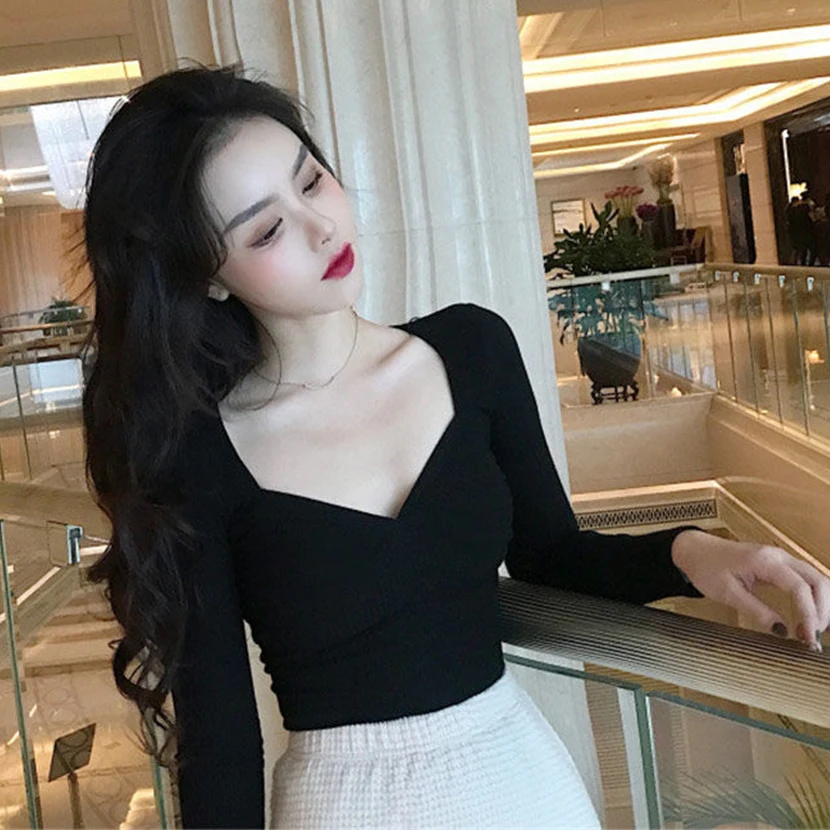 Топ женский с квадратным вырезом пикантная футболка длинным рукавом и V-образным