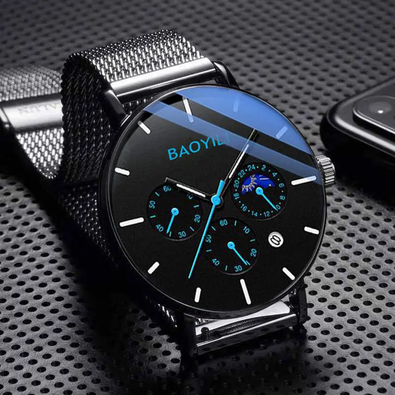 

Fully automatic movement waterproof watch men's night light calendar quartz student Korean version of steel belt non-mechanical
