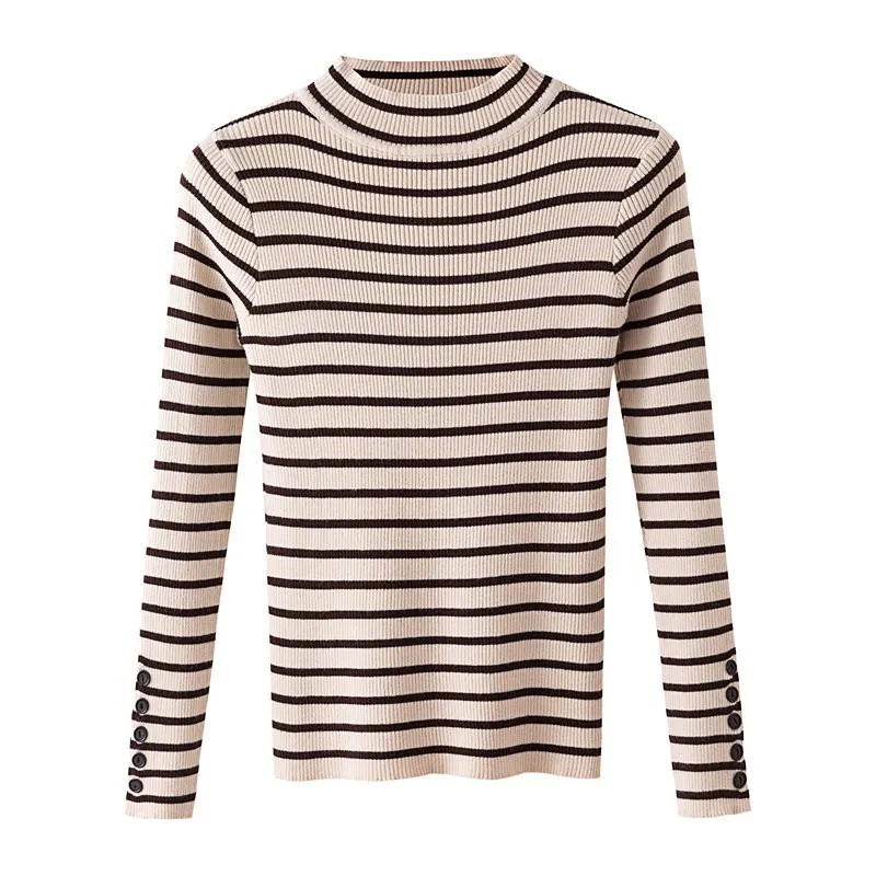 

Autumn Winter 2019 Black White Striped Women Sweater Casual Long Sleeve Half Turtleneck Knitted Pullover Elegant Female Sweater