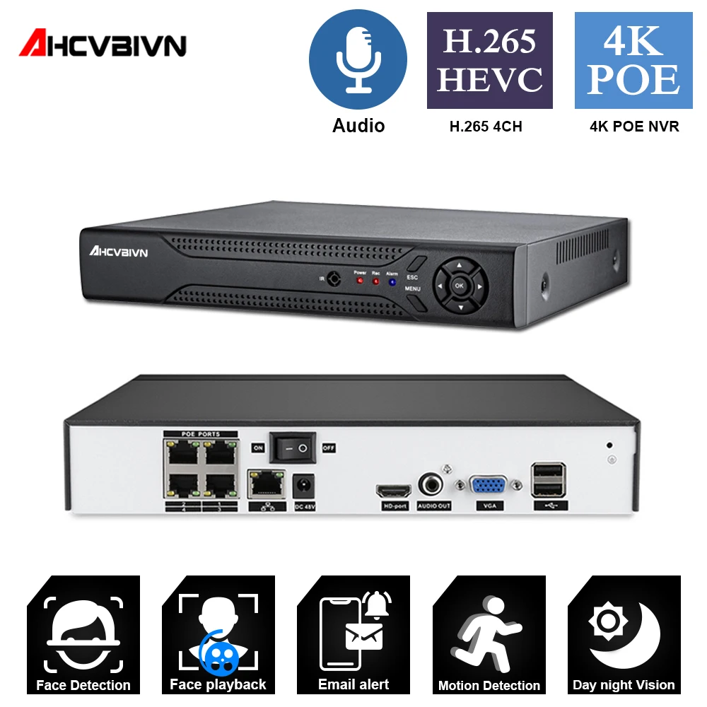 

AHCVBIVN 4CH 4K POE NVR Face Recognition H.265+ Onvif Network Video Recorder Audio Recording IP Camera P2P System