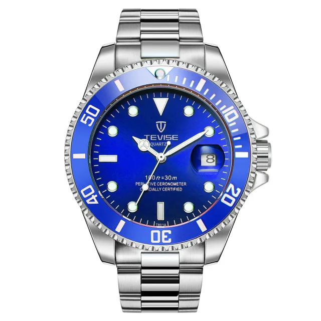 silver blue quartz Модный бренд TEVISE зеленая вода Призрак для мужчин Stailness сталь Автоматические механические/Кварцевые часы для мужчин светящиеся Бизнес наручные часы - Цвет: silver blue quartz