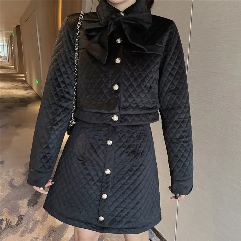

Fall Winter Thick Warm Vintage Two Piece Set Women Bow Short Jacket Coat + Bodycon Skirt Suits Female 2 Piece Set Ensemble Femme