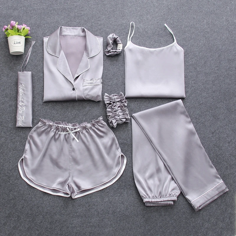 Women Silk 7 Piece Satin Pajama Set Lounge Wear Pajamas Sexy Sleepwear Pyjamas Silk For Women Summer Pcs Pijamas New