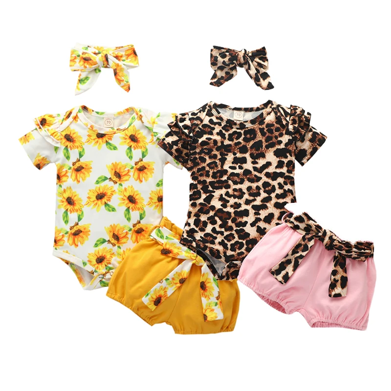 

2020 New Summer Infant Baby Girl Sweet Outfit Sunflower Floral Print 3PCS Ruffle Short Sleeve Tops Shorts Headband Clothes 0-18M