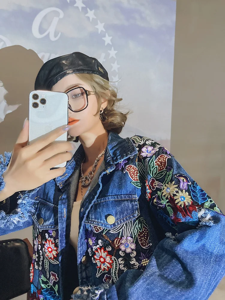 

QING MO Women Denim Jacket 2021 Spring Women Floral Embroidery Jacket Women Fashionable Coat Single Breasted ZQY6676