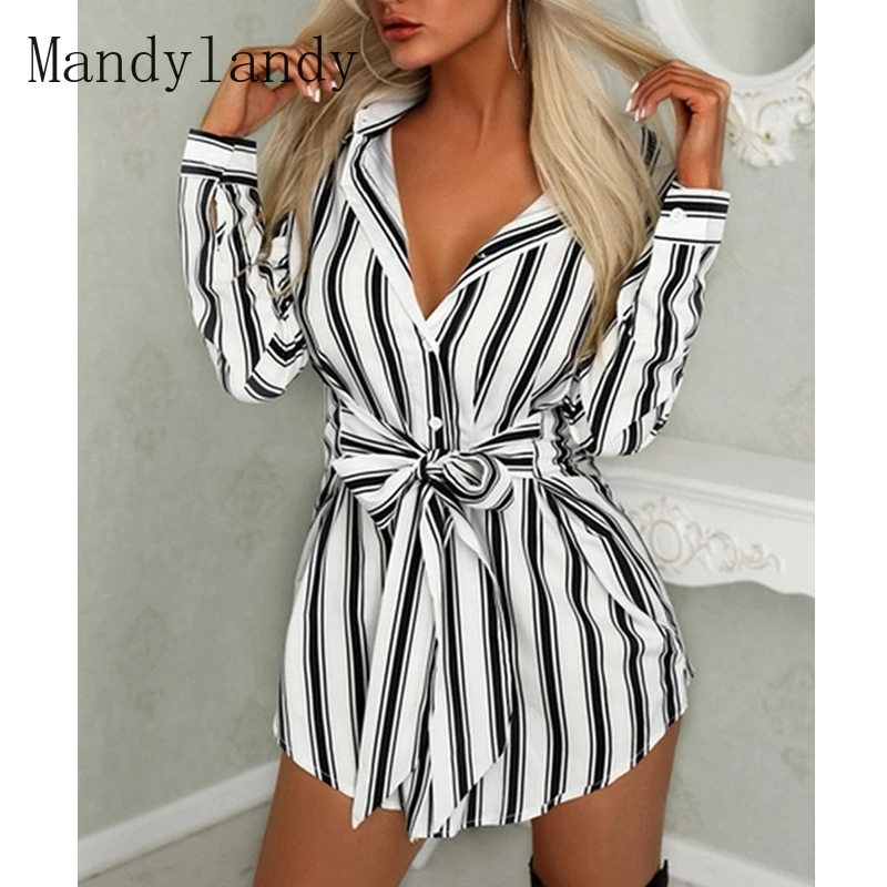 

Mandylandy Shirt Summer Long Sleeve Single Breasted Turn-down Collar Long Shirt Women's Casual Striped Print Loose Lace-up Shirt