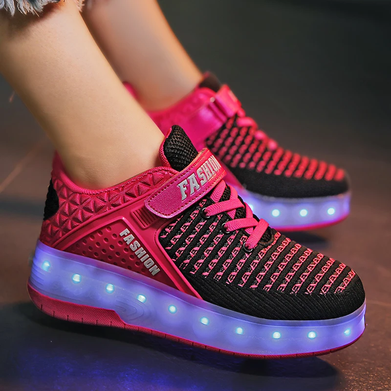 Новинка, розовый, USB зарядка, модный светодиодный светильник для девочек и мальчиков, обувь для катания на роликах, детские кроссовки с колес... от AliExpress WW