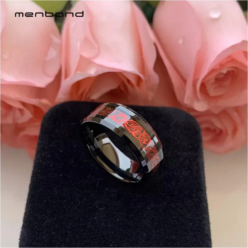 Черное кольцо из карбида вольфрама обручальное с драконом инкрустацией черного