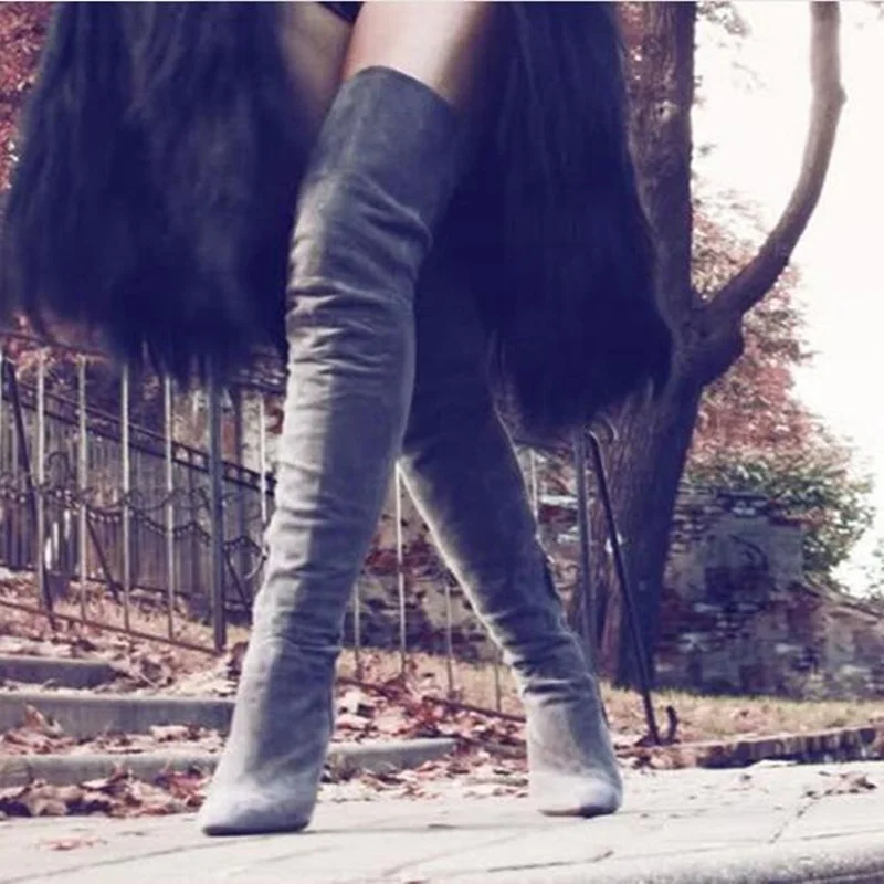 

Stylish Metal Heels Over The Knee Boots Pointed Toe Black Grey Suede Tight High Boots Zipper Stretch Winter Long Boots Wholesale