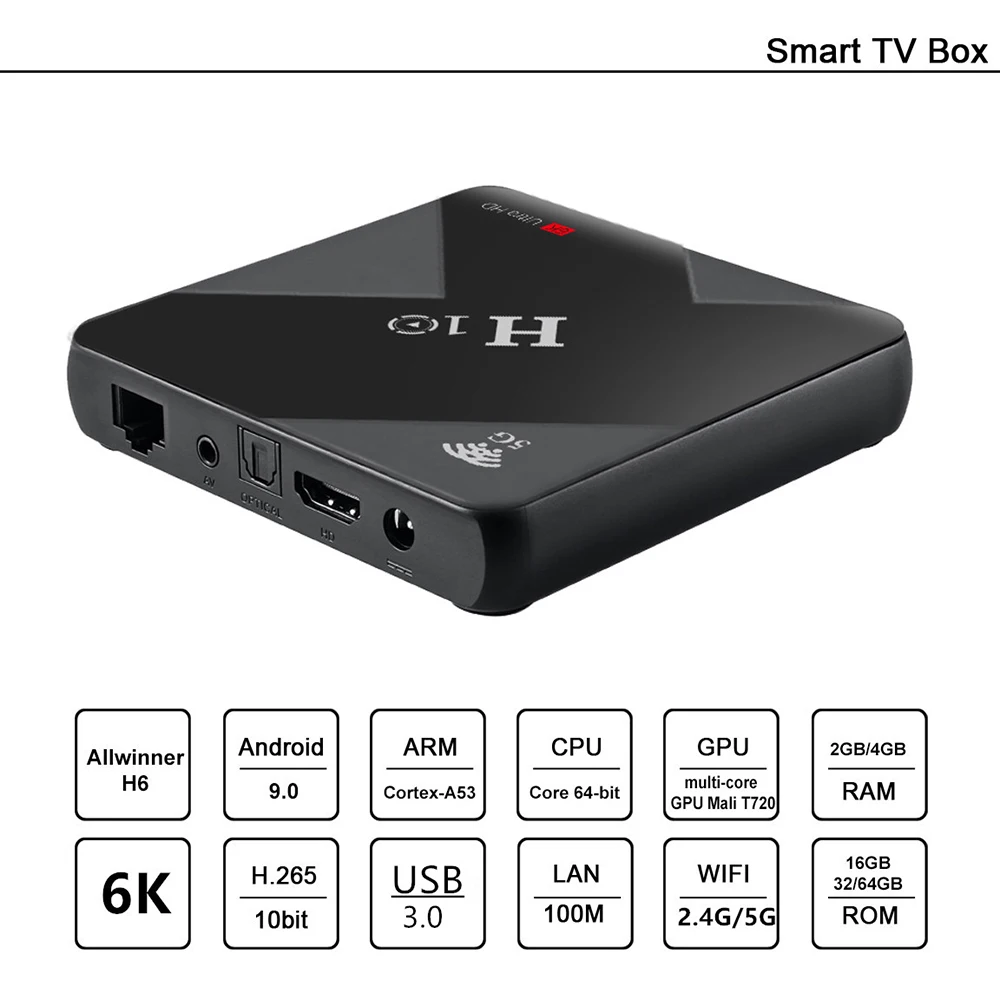 H10 Max TV Box Smart Media Player 4GB+32GB Android 10.0 OS 2.4G WIFI 6K HDR 4K Set Top Box H6 TV Box