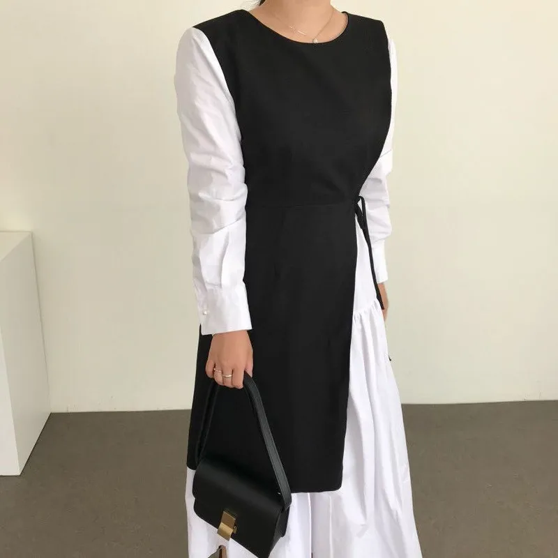 

Fashion Fake 2 Pcs Temperament Dress Women High Waist Hip Pleat Patch Hit Color Vestidos O Neck Long Sleeve Slim Robe