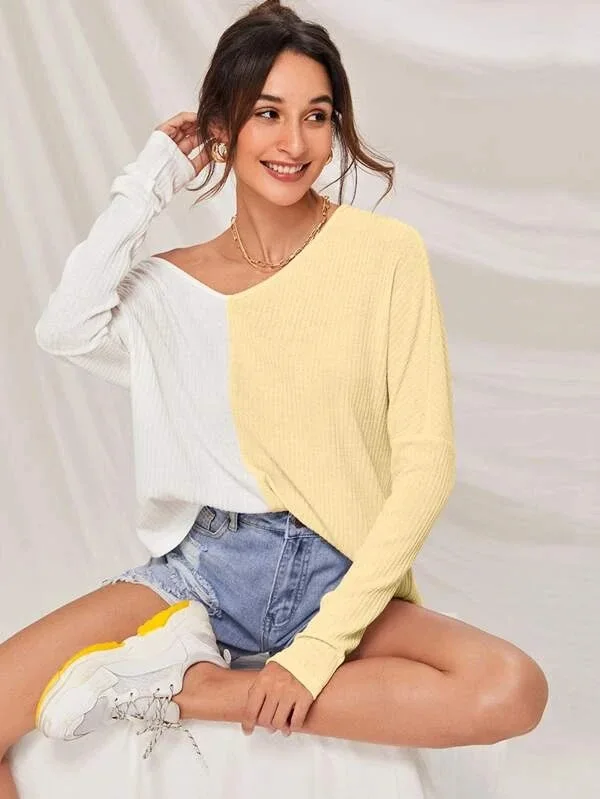 

Autumn 2020 New European and American Hot Style Contrast Stitching V-neck Casual T-shirt Long-sleeved Top Women's Clothing