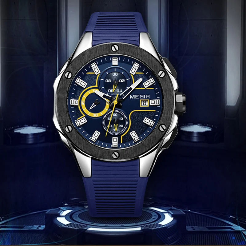 

MEGIR Fashion Men Quartz Watches Sports Chronograph Clock Silicone Strap Luminous Waterproof Army Wristwatch Blue