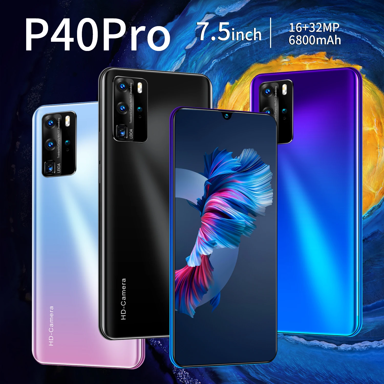 

Newest Smart Phone P40 Pro 7.5 inch HD 12 512GB Andriod10 Deca Core MTK6799 Dual SIM Face Fingerprint 5G LTE 6800mAh Cell Phones