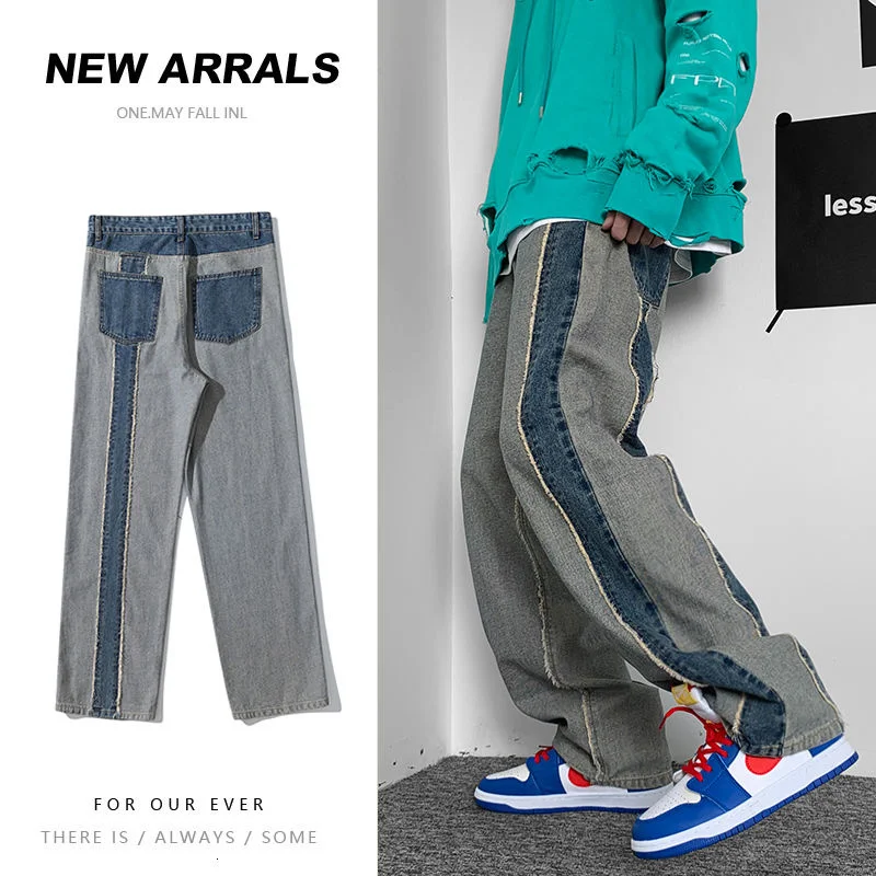 

2021 Men's Fashion Trend Casual Pants Loose Stitched Jeans Homme Oversized Straight Pants Elastic Black/blue Color Trousers