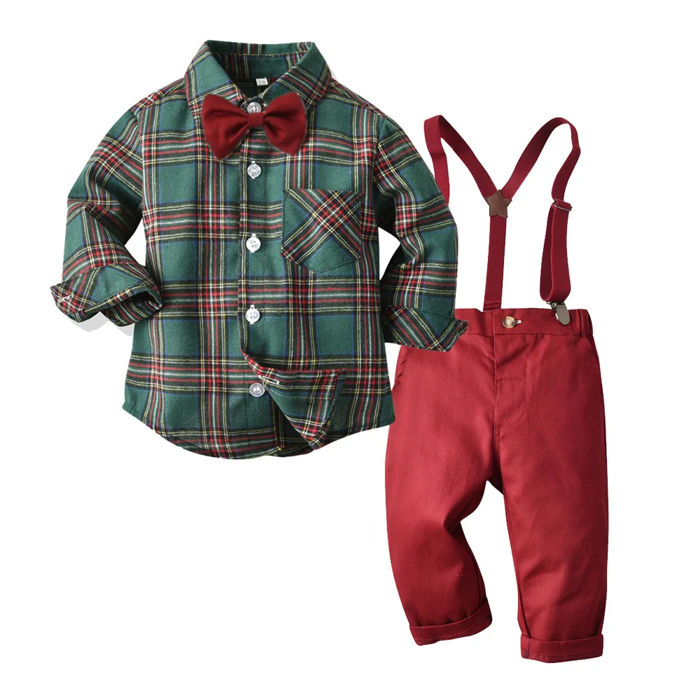 

BINIDUCKLING Toddler Boys Clothing Set Formal Outfits Plaid Shirt With Bow Suspender Pants For Kids Boys Children's Clothes