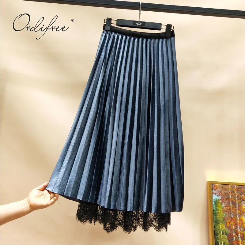 

Ordifree 2021 Autumn Women Velvet Skirt High Waist Long Pleated Skirt Vintage Lace Skirt Double Way Wear