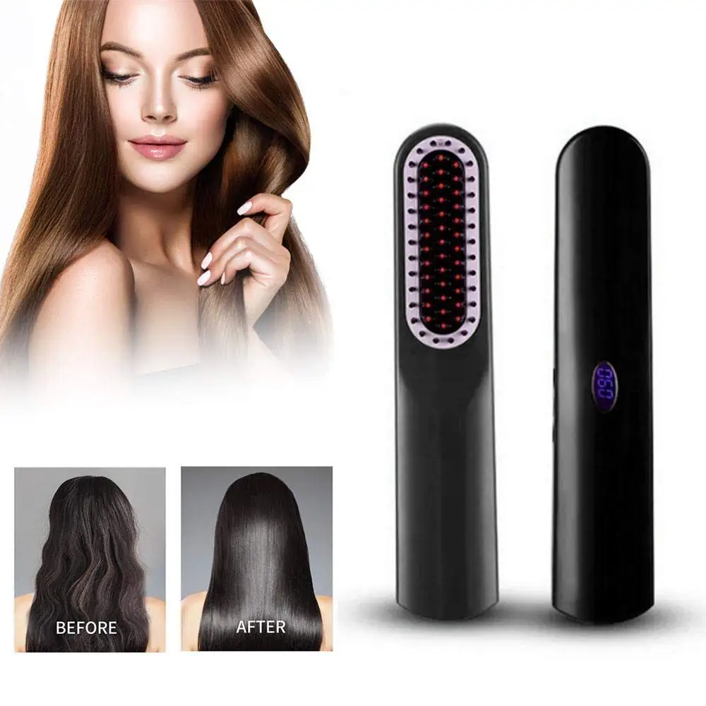 

Hair Straightener Brush Curler Mini Portable Less Hair Damage 5 Levels Adjustable Temp Beard Straightener for Traveling Home