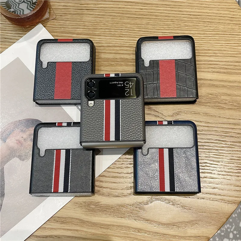 2022 Fashion Stripe Litchi Grain Cross Case for Samsung Galaxy Z Flip 4 3 Cover Anti-knock luxury leather Cases for Flip 3 Flip3