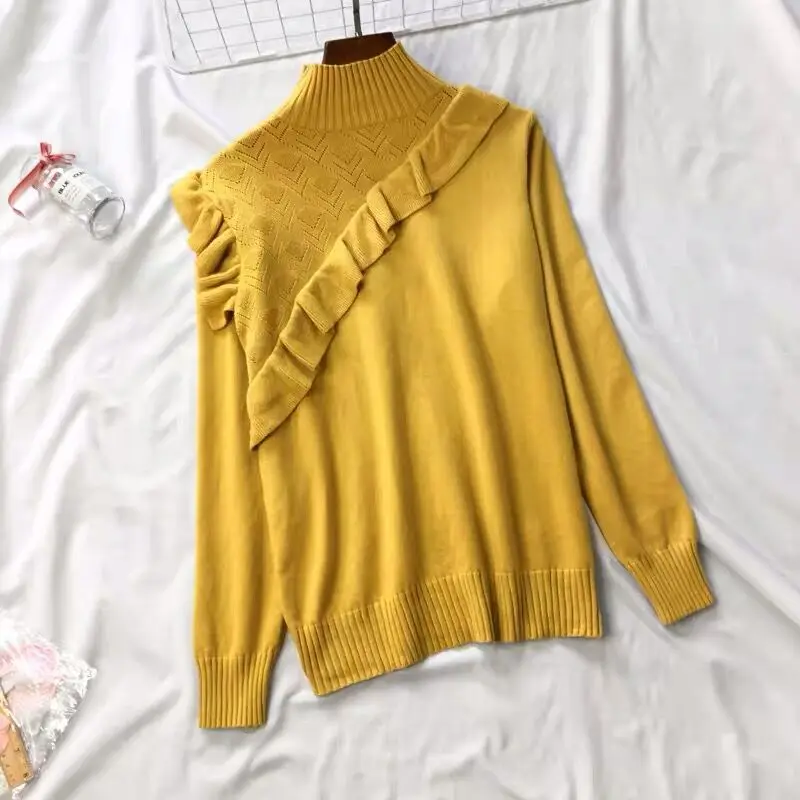 

PEONFLY Autumn Winter Knitted Sweater Pullovers Women Long Sleeve Ruffles Tops Turtleneck Sweater Chic Female Casual Streetwear