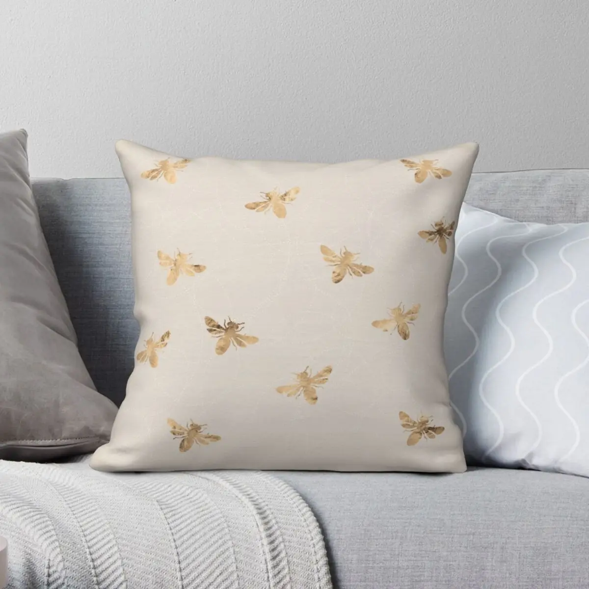

Gold Bee Texture Cream Square Pillowcase Polyester Linen Velvet Printed Zip Decor Sofa Cushion Case
