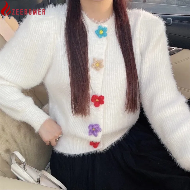 Женский кашемировый кардиган элегантный вязаный с круглым вырезом и пышными