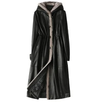 Classic Autumn Winter Leather Mink Collar Hooded Down Jackets Woman Thick Warm Black Real Fur Long Coat High Quality Outwear